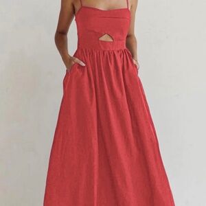 Commense Cotton Sleeveless Pockets Cutout Long Dress